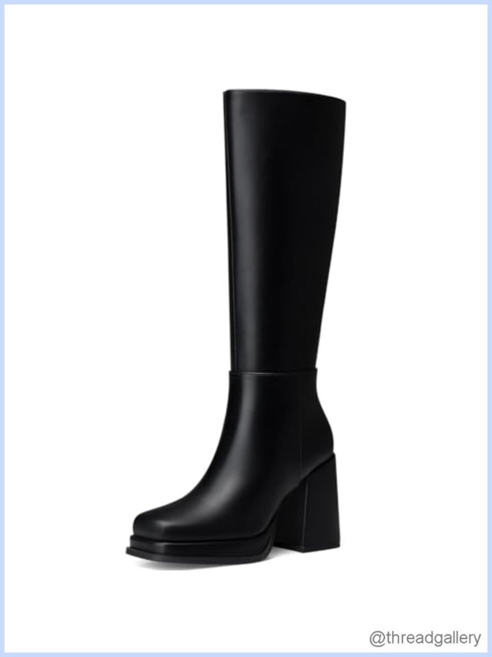 Women Knee High Boots Platform Chunky Block Heel Square Toe PU Leather Zip